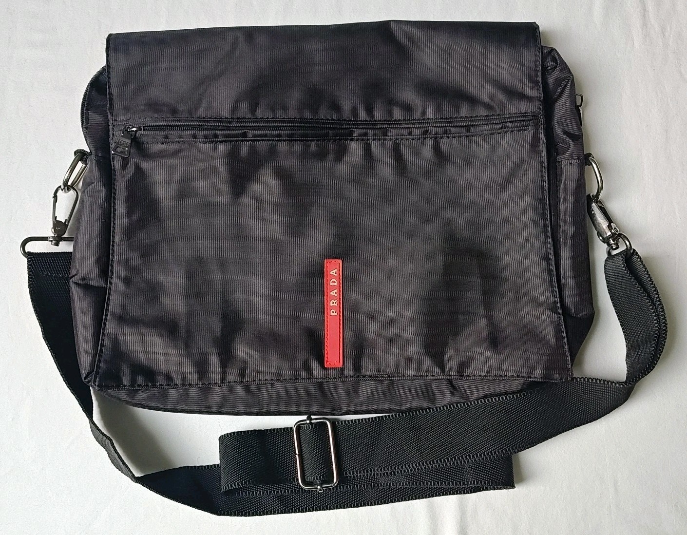 Prada Linea Rossa Black Nylon Messenger Laptop Bag – Adjustable Crossbody Strap