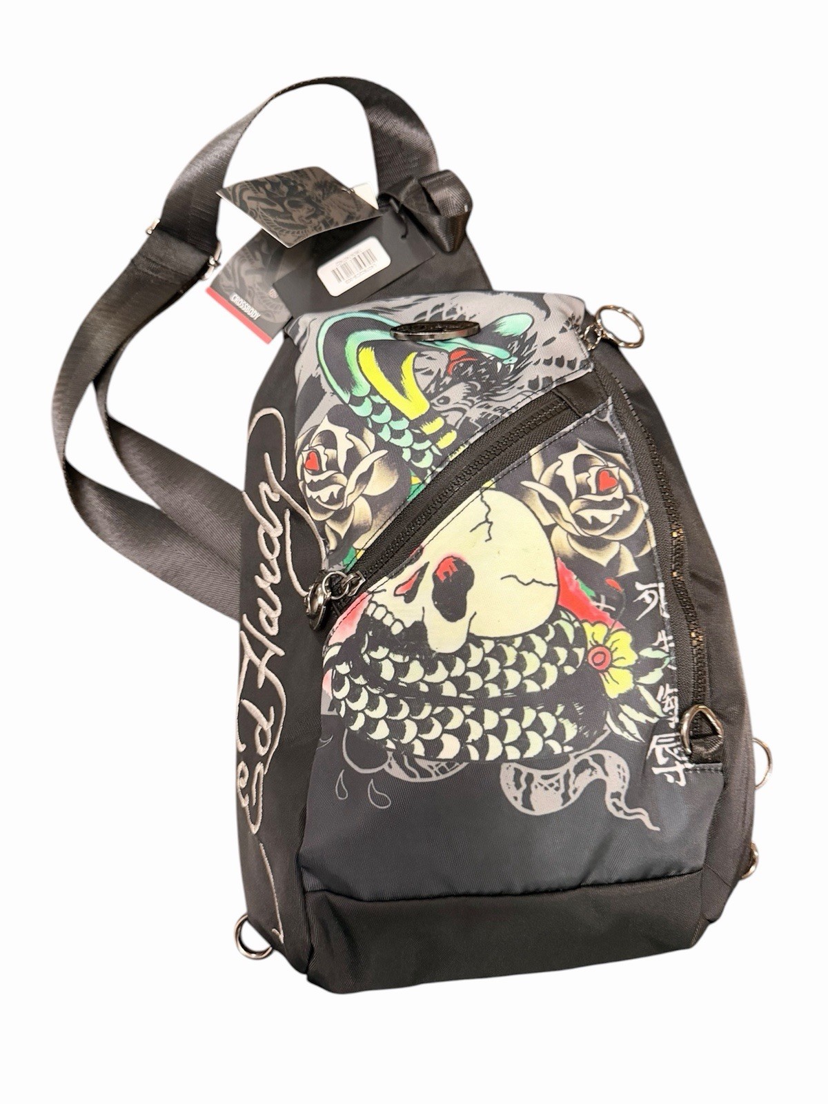 Ed Hardy Sling Backpack Unisex Black New York City Skull Snake Tattoo NWT