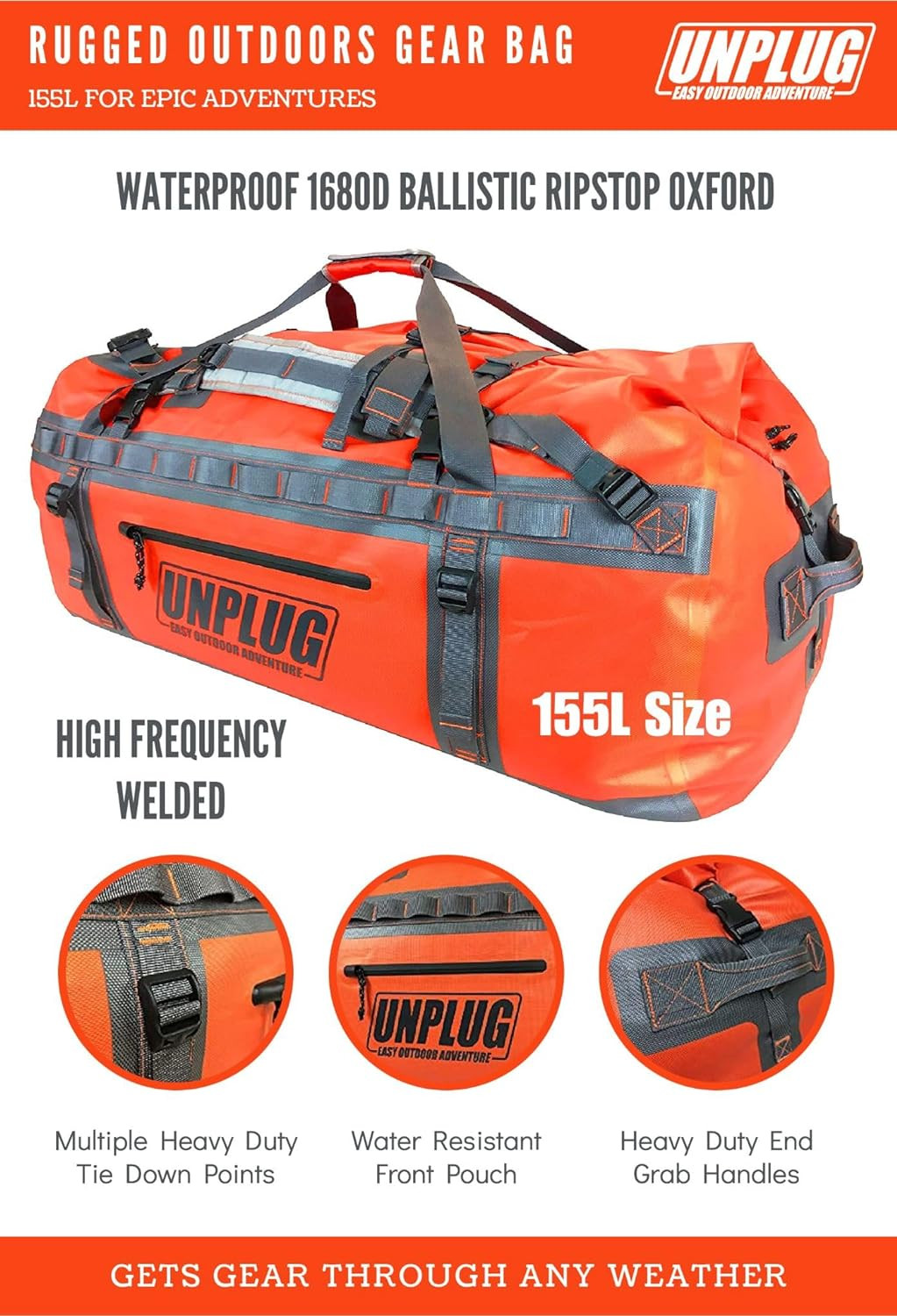 UNPLUG Ultimate Adventure | 1680D Heavy Duty Waterproof Bag | Large Travel Bag