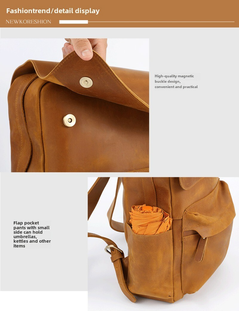 Men’s Leather Retro Large Capacity Backpack Casual Travel Bag Computer Bag
