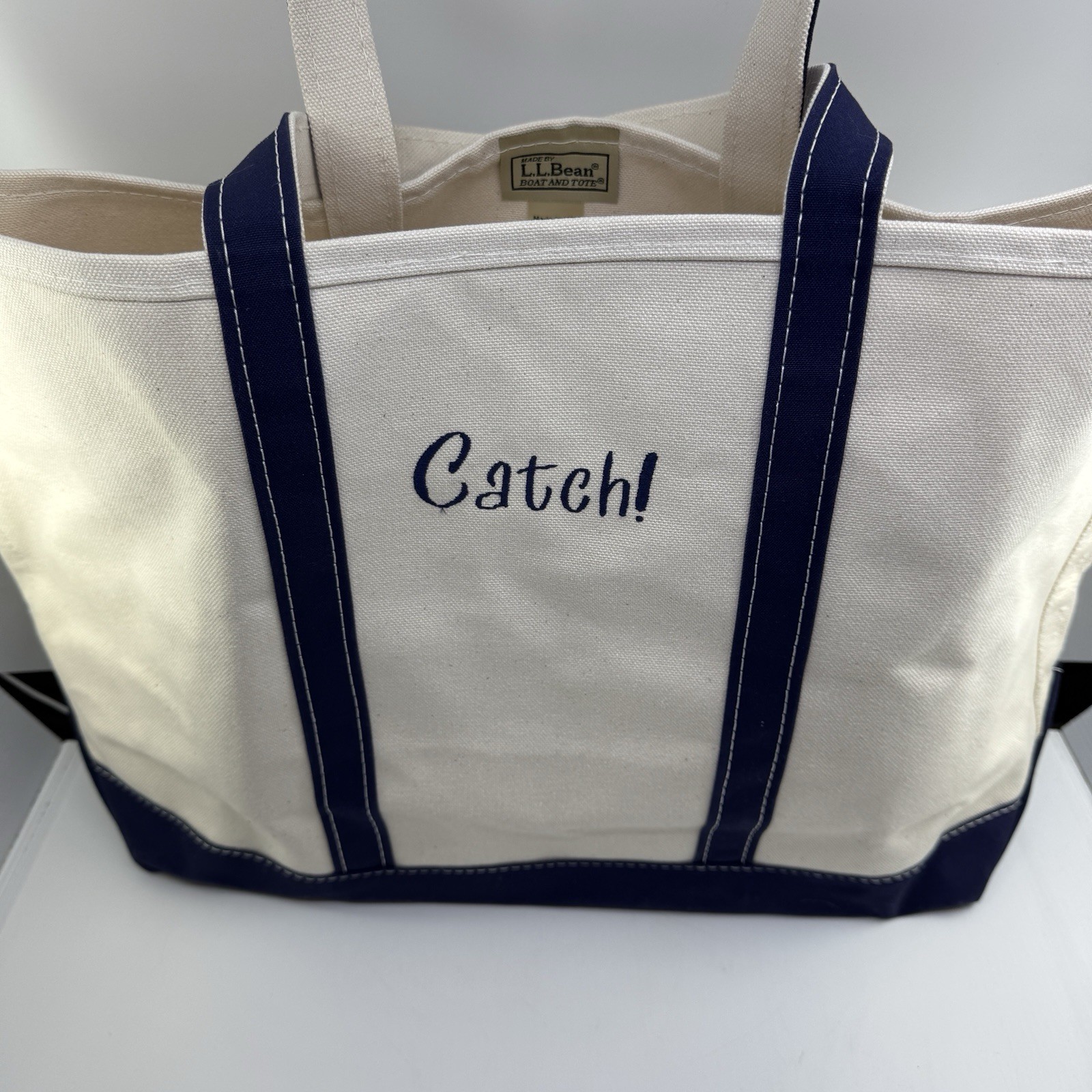 LL Bean Boat and Tote Canvas Bag Large Navy Blue Embroidered Catch 18”x14”x7”