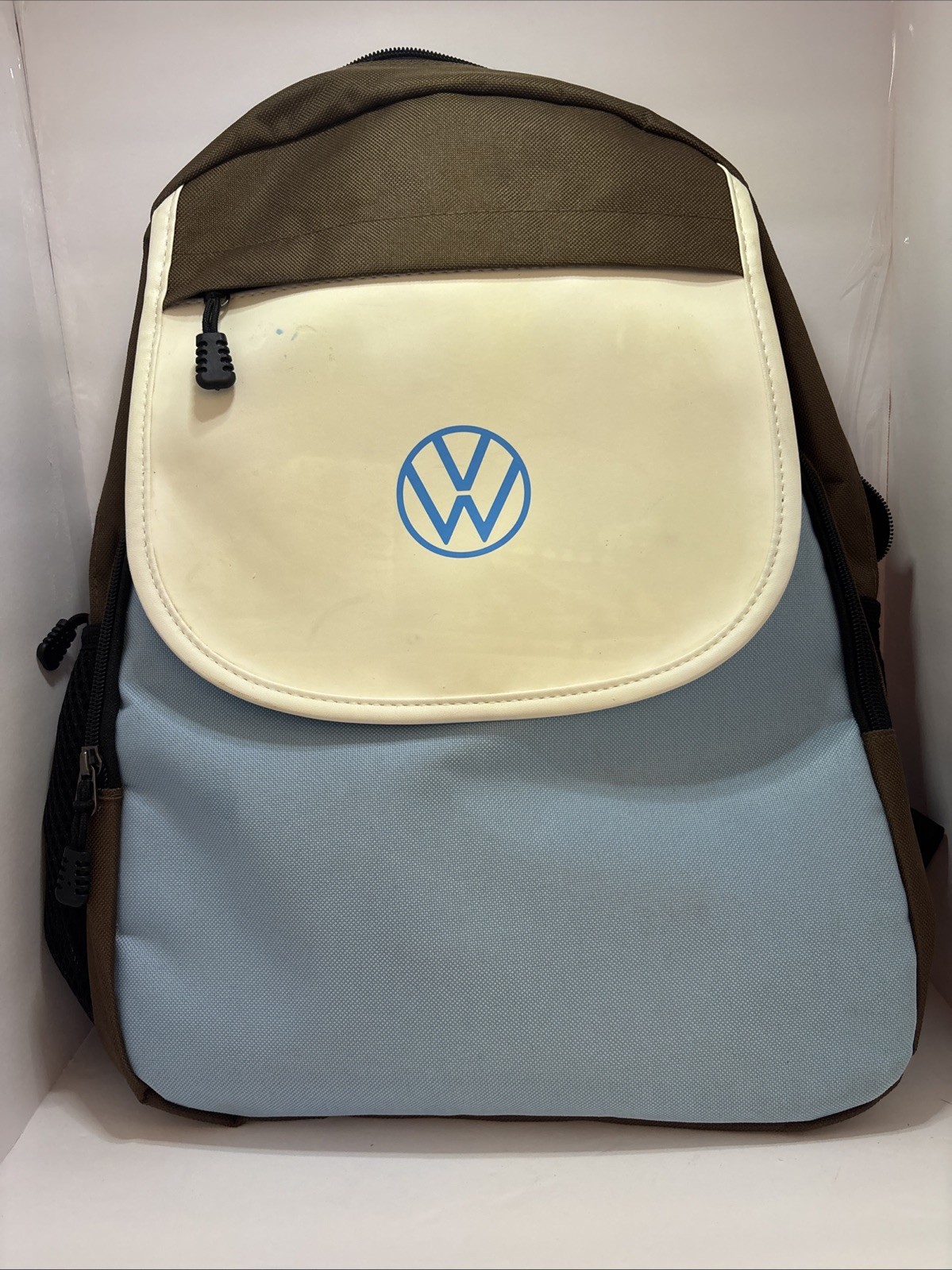 Genuine VW DriverGear Retro Tri-Tone Canvas Rucksack Backpack Blue Brown Cream