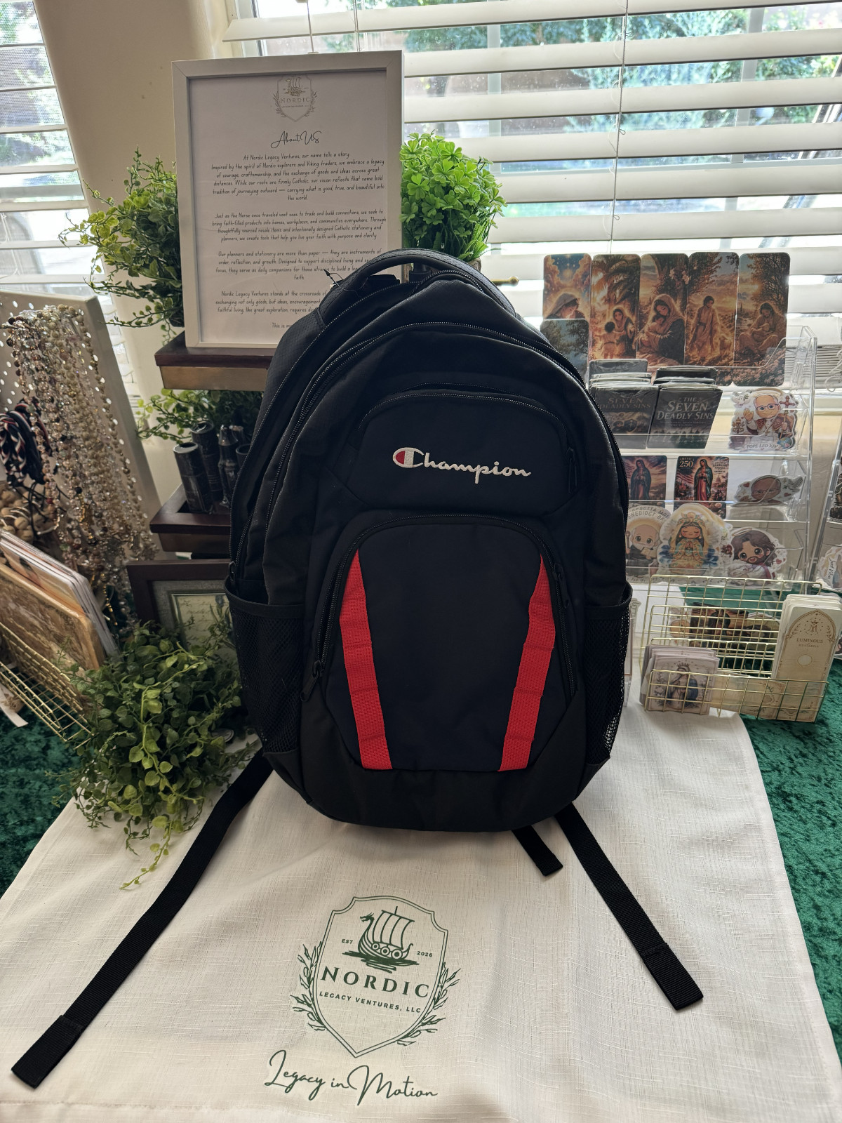 Champion Backpack Black Red Multi Pocket Laptop School Travel Book Bag New