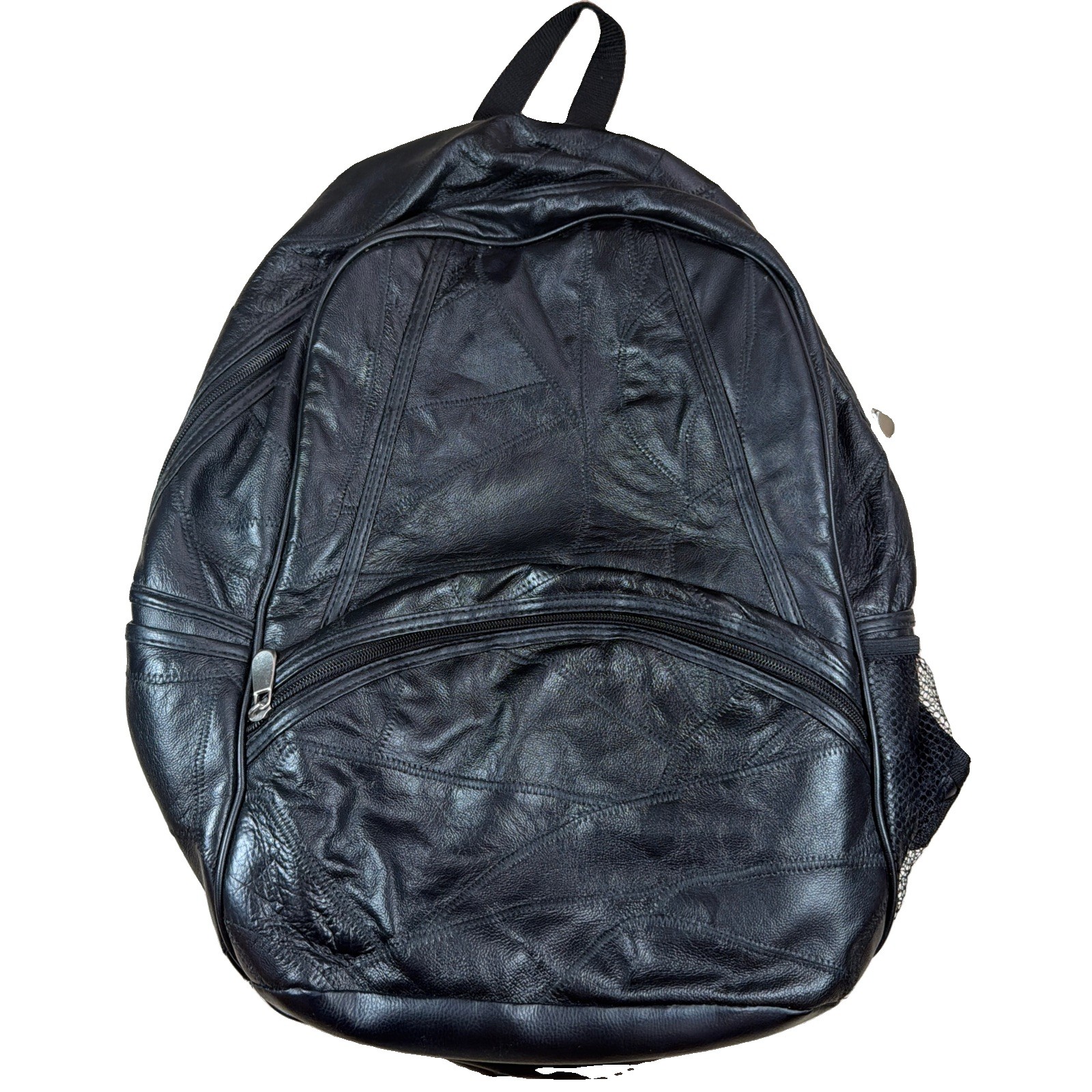 Vintage Leather Backpack All Black Geometric Stitched Print