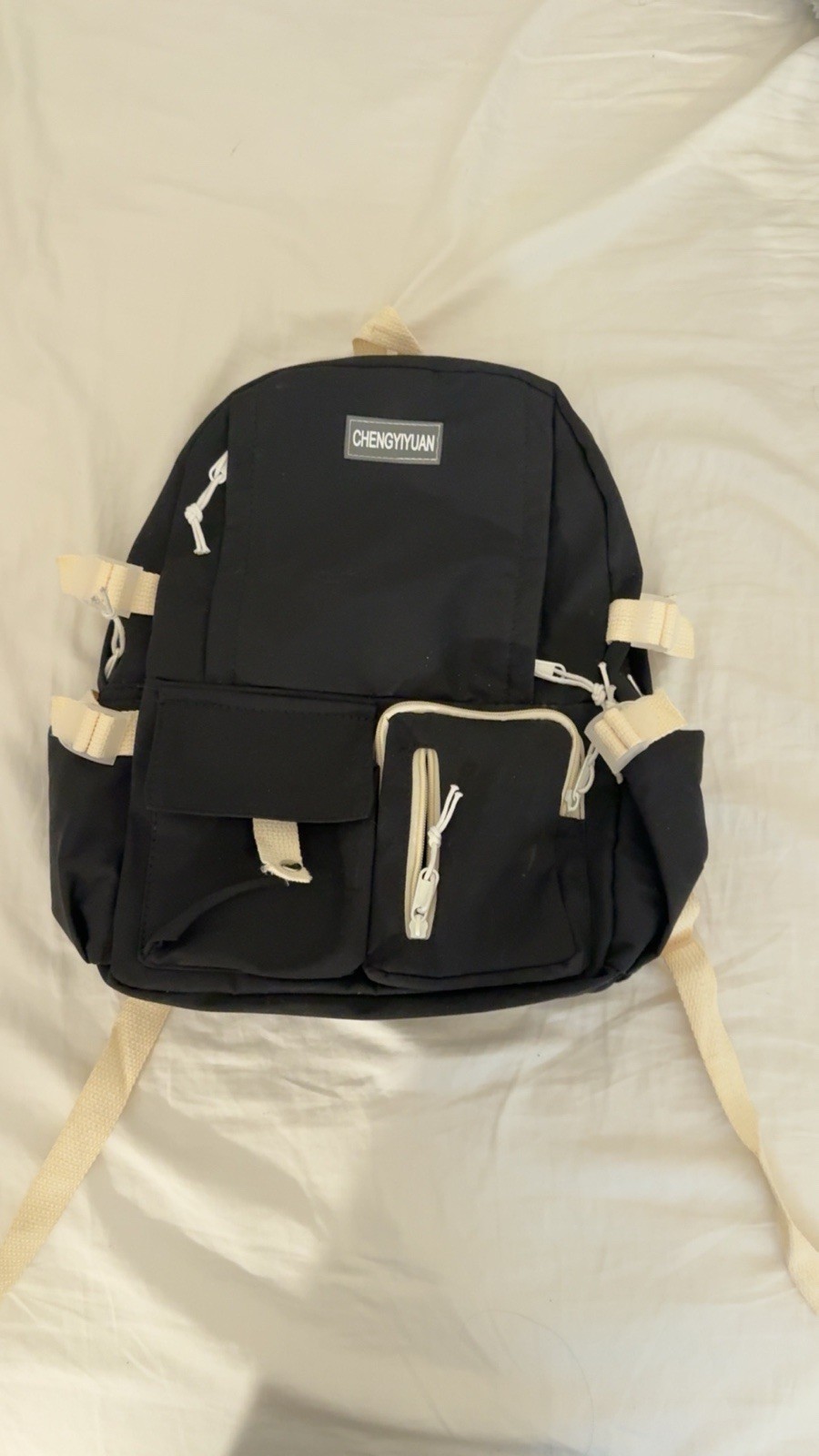 CHENGYIYUAN Black Backpack with Beige Straps, Zip Buckle, Outer Pockets, Men