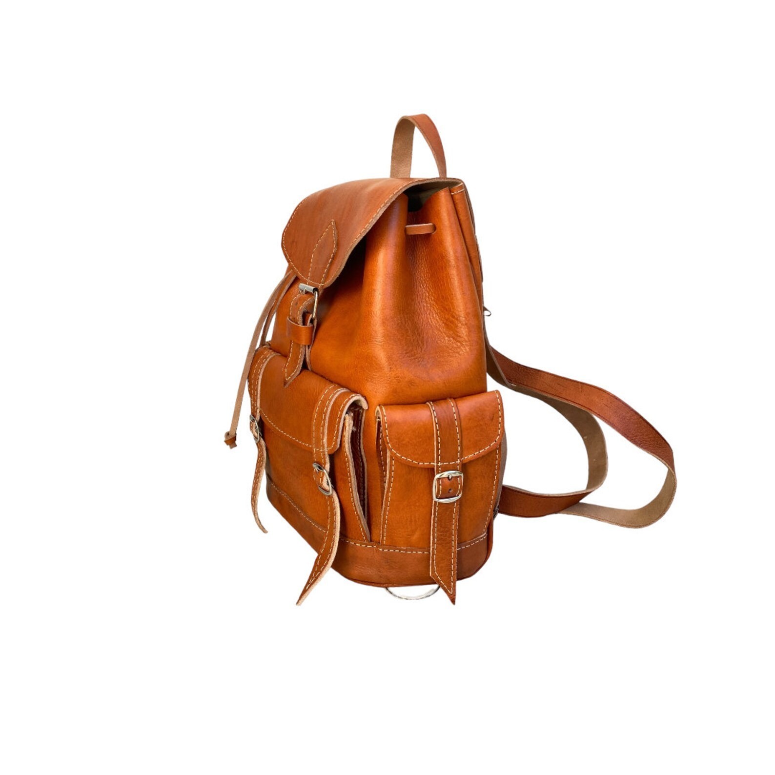 Cognac Leather Backpack Handmade Morocco 2 Pockets Genuine Leather Bag