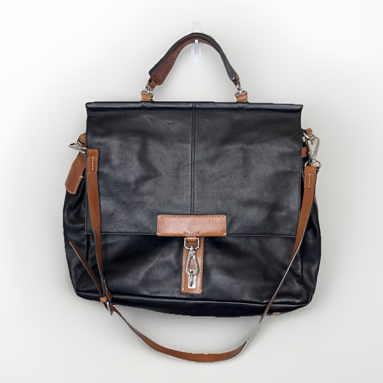 TUMI Messenger Bag Satchel Black Tan Leather Overlap Travel Business 18” X 14”