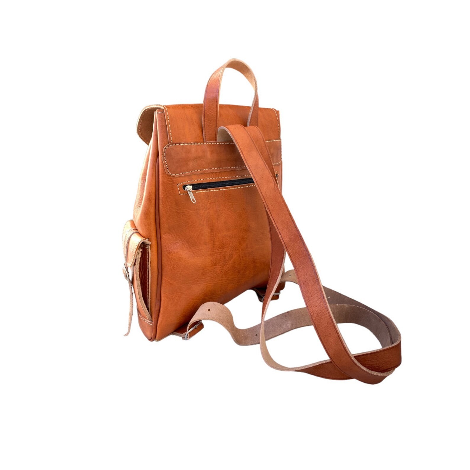 Cognac Leather Backpack Handmade Morocco 2 Pockets Genuine Leather Bag