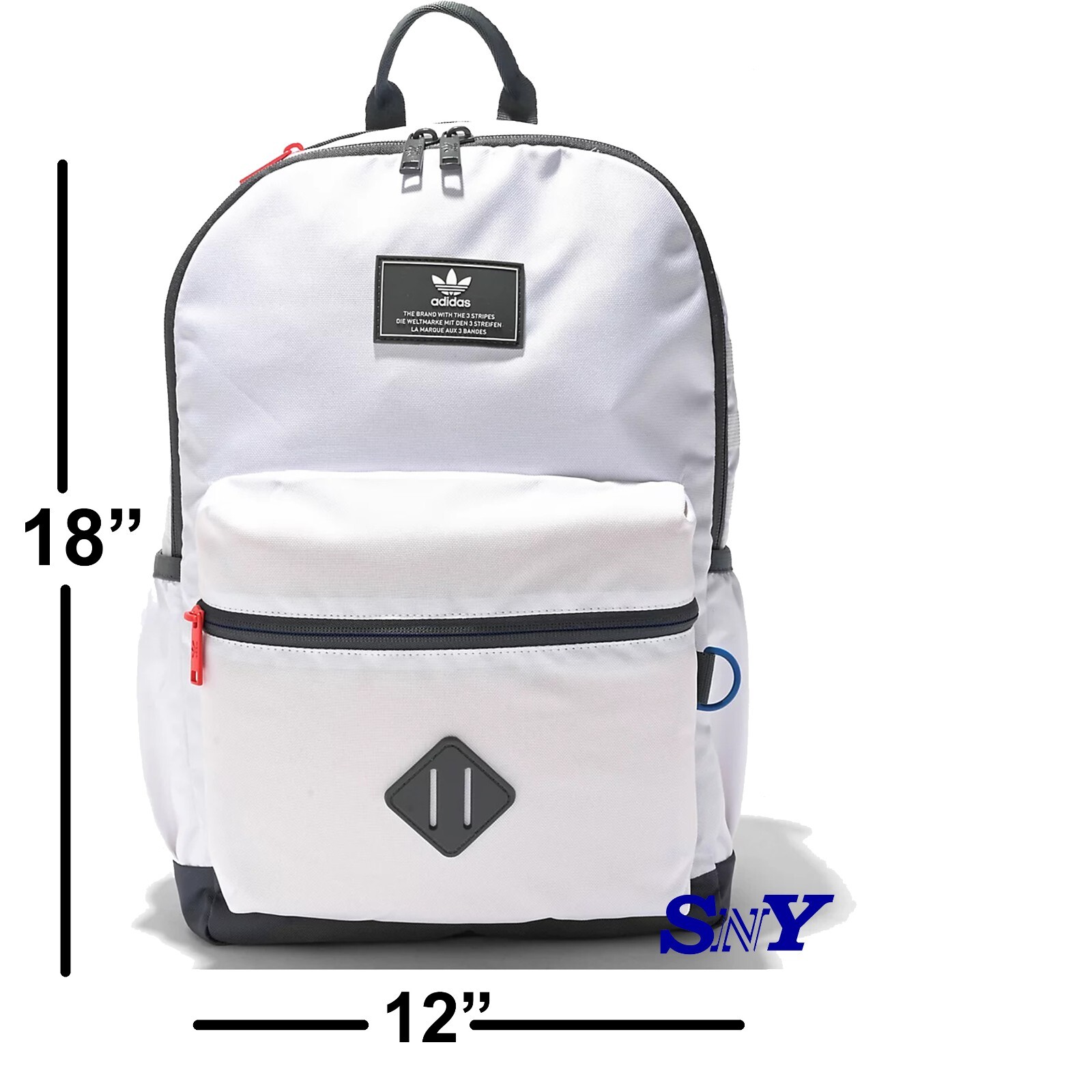 ADIDAS 3 Stripes Originals National White & Onyx Grey Backpack 18x12x5 Inches