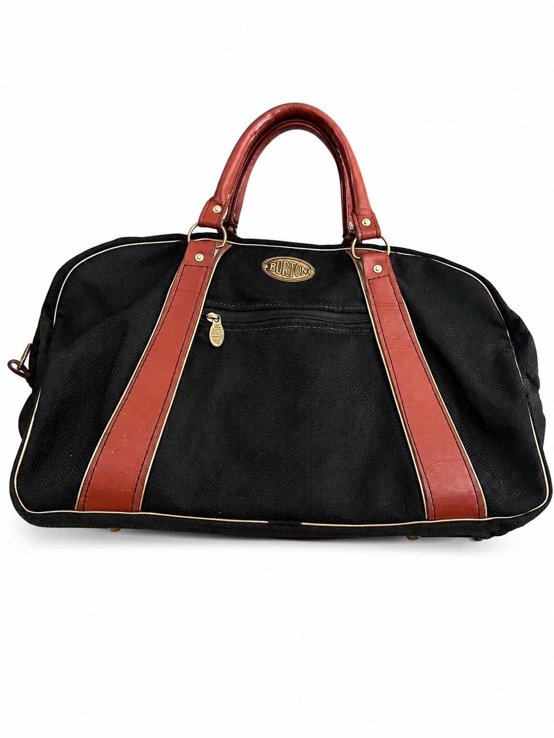 Vintage Burton Duffel Bag Black Herringbone Brown Leather Travel Weekender