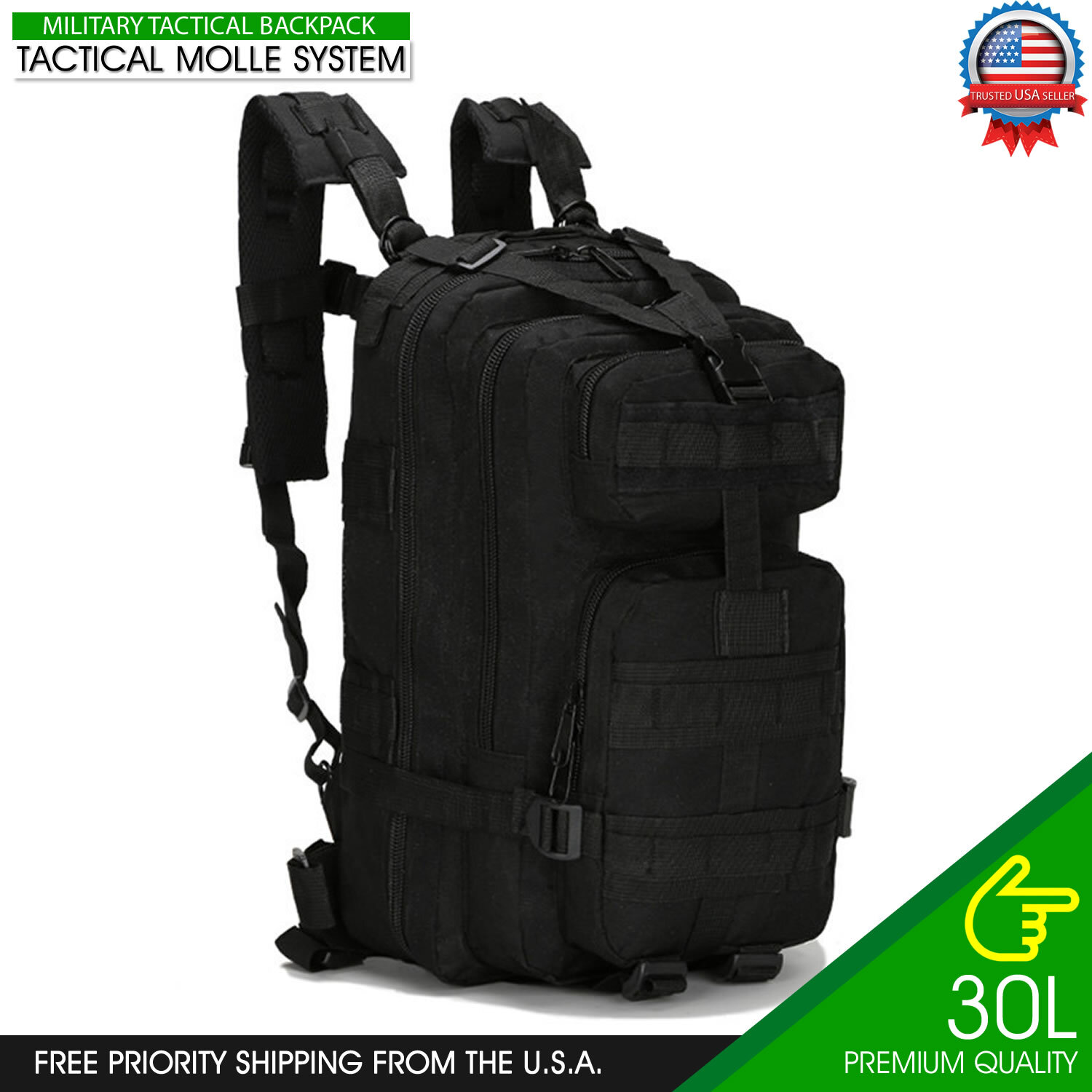 Tactical Backpack 30L Rucksack Black Military Molle Outdoor Large Bag Day Pack