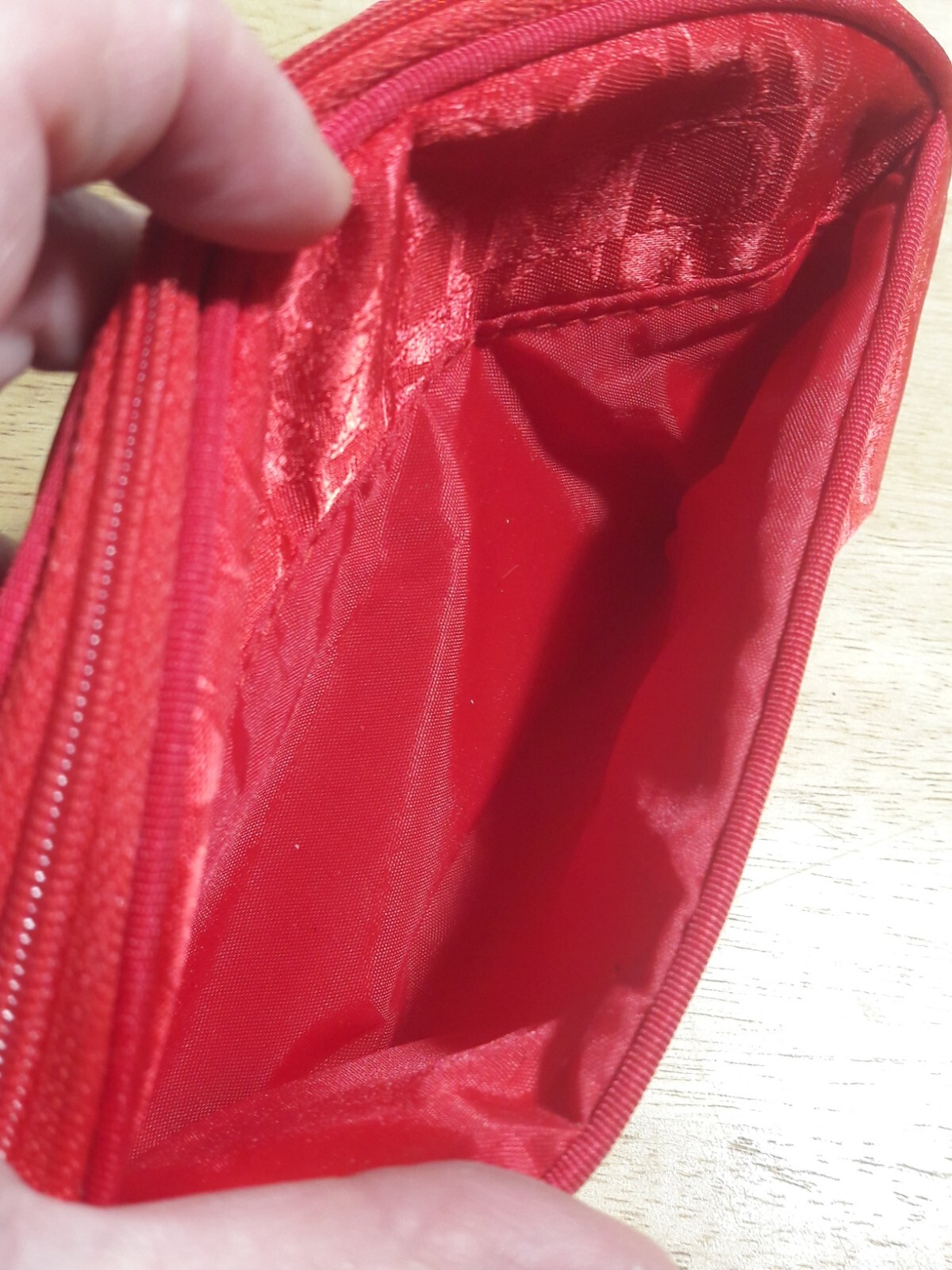 RARE Vintage Escada Toiletry Make Up Bag Red Satin Signature Zip Top