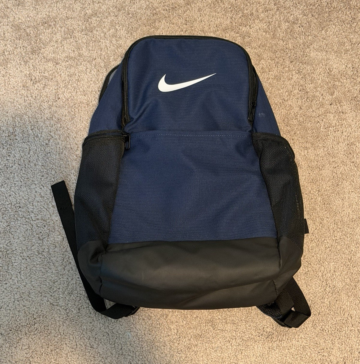 Nike Blue/Black Solid Backpack White Swoosh Logo Zip Pockets Men’s