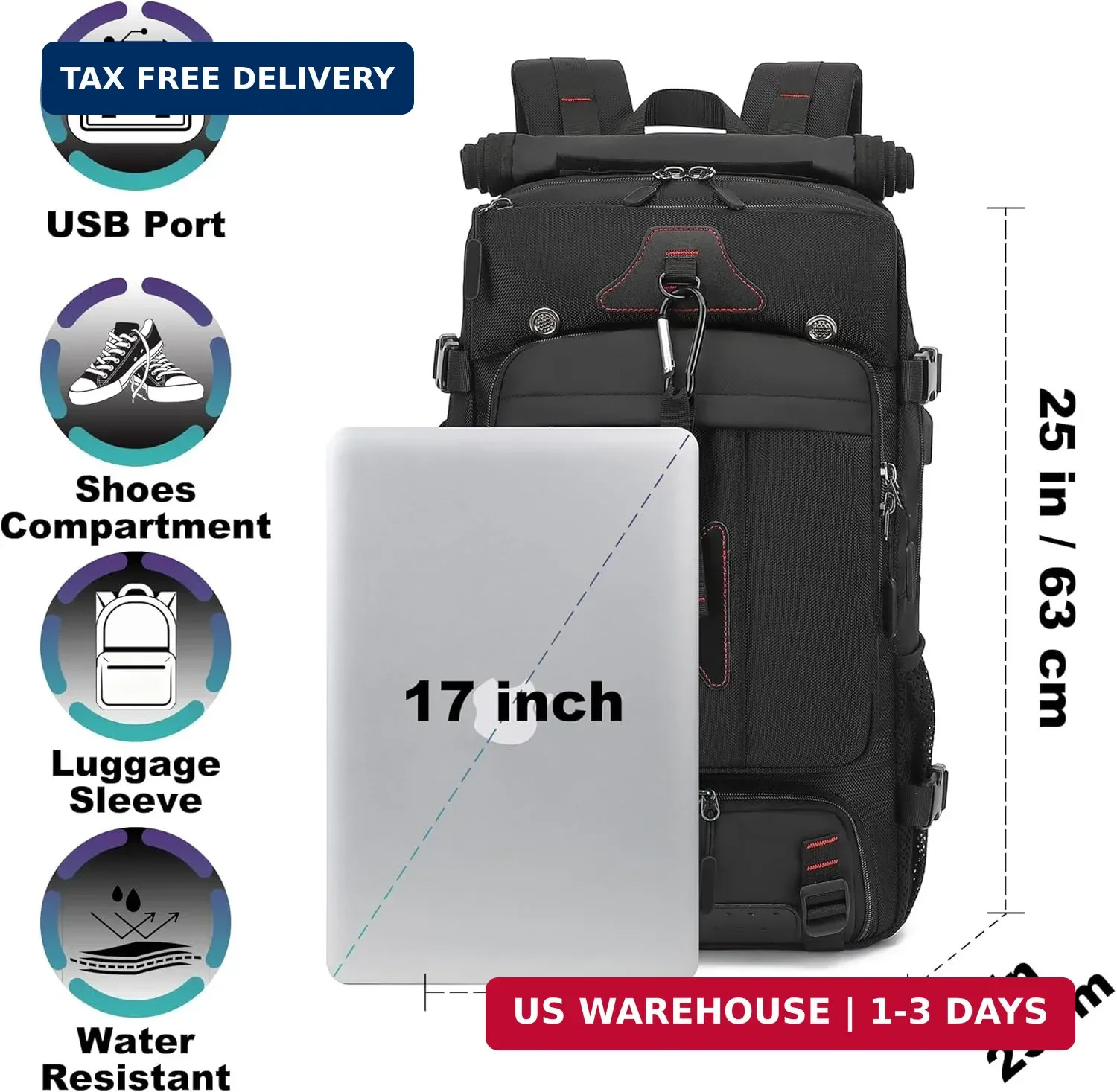 60L Large Travel Backpack with Shoe Compartment, Convertible Utility Backpack fo
