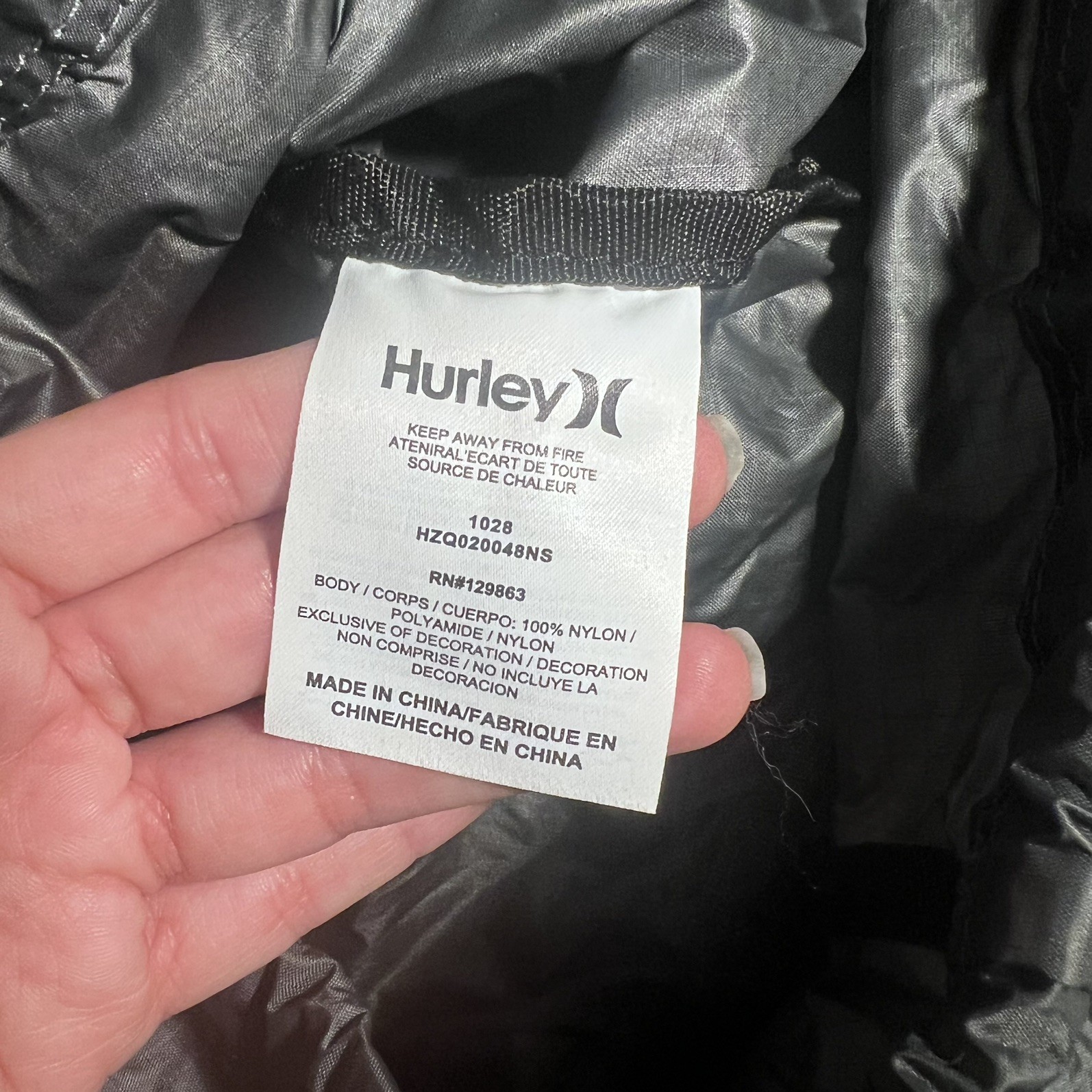 HURLEY PACKABLE BACKPACK MODEL HZQ020048NS 1028 GREY/BLACK