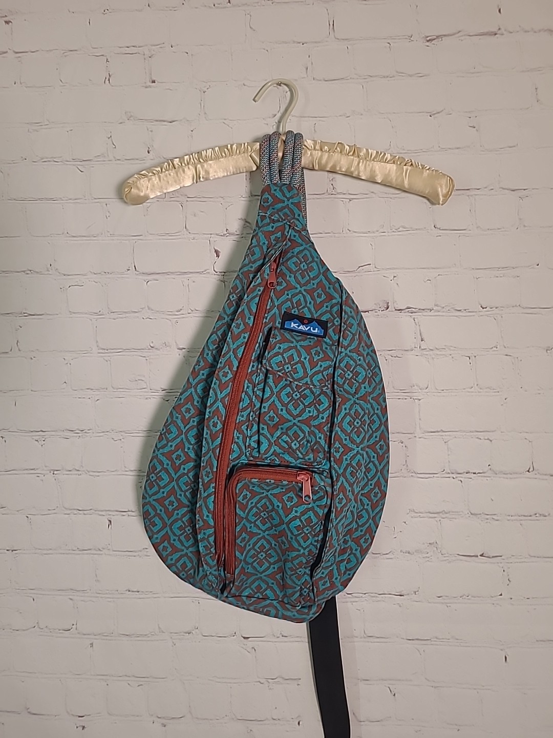 KAVU Rope Sling Bag Crossbody Desert Mosaic Backpack Teal Blue Brown Retired EUC
