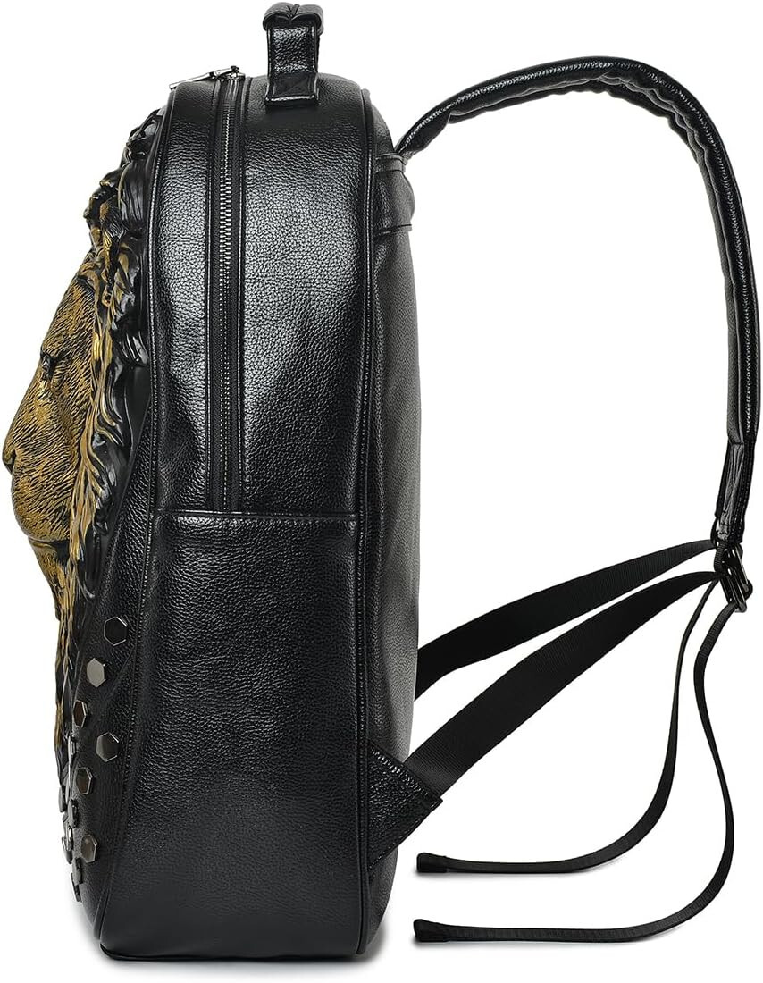 3D Lion Backpack Designer Vegan Leather Rivets Black Gold Large Unique New