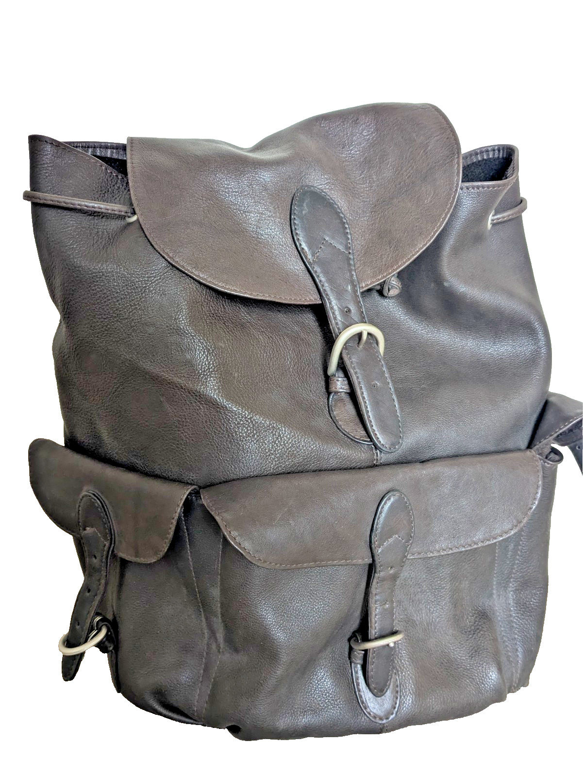 London Fog Leather Backpack Brown Drawstring Flap Buckle Pockets Travel Bag EU