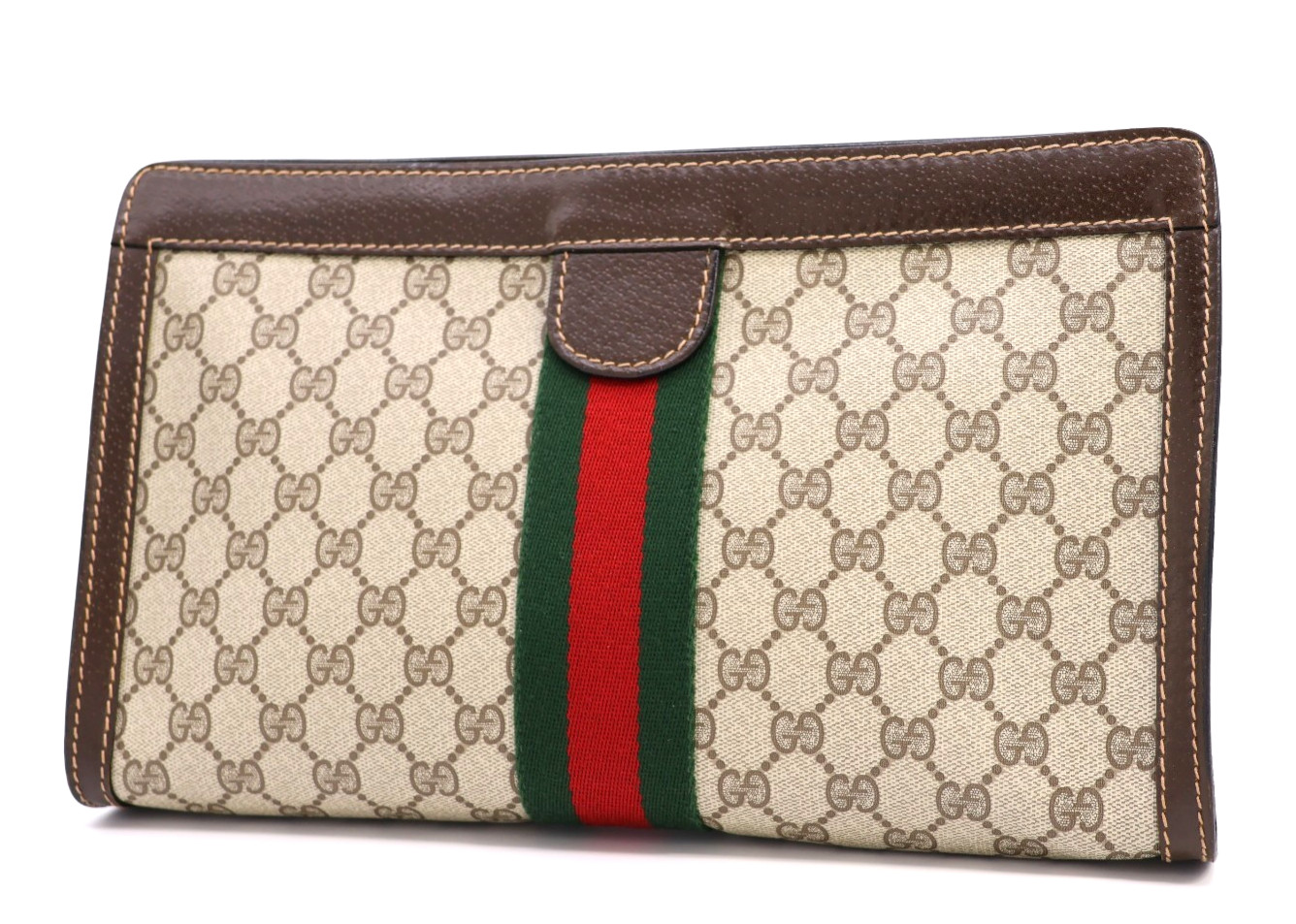 GUCCI VINTAGE GG Supreme Clutch Sherry Line Brown Extra Large Authentic