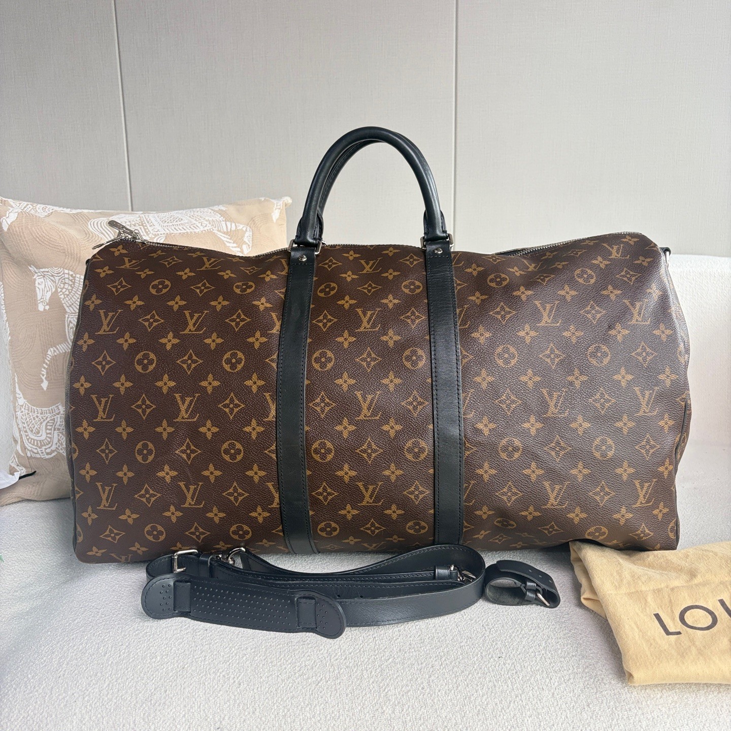 LOUIS VUITTON Keepall 55 Bandouliere Monogram Macassar Canvas Travel Duffle Bag