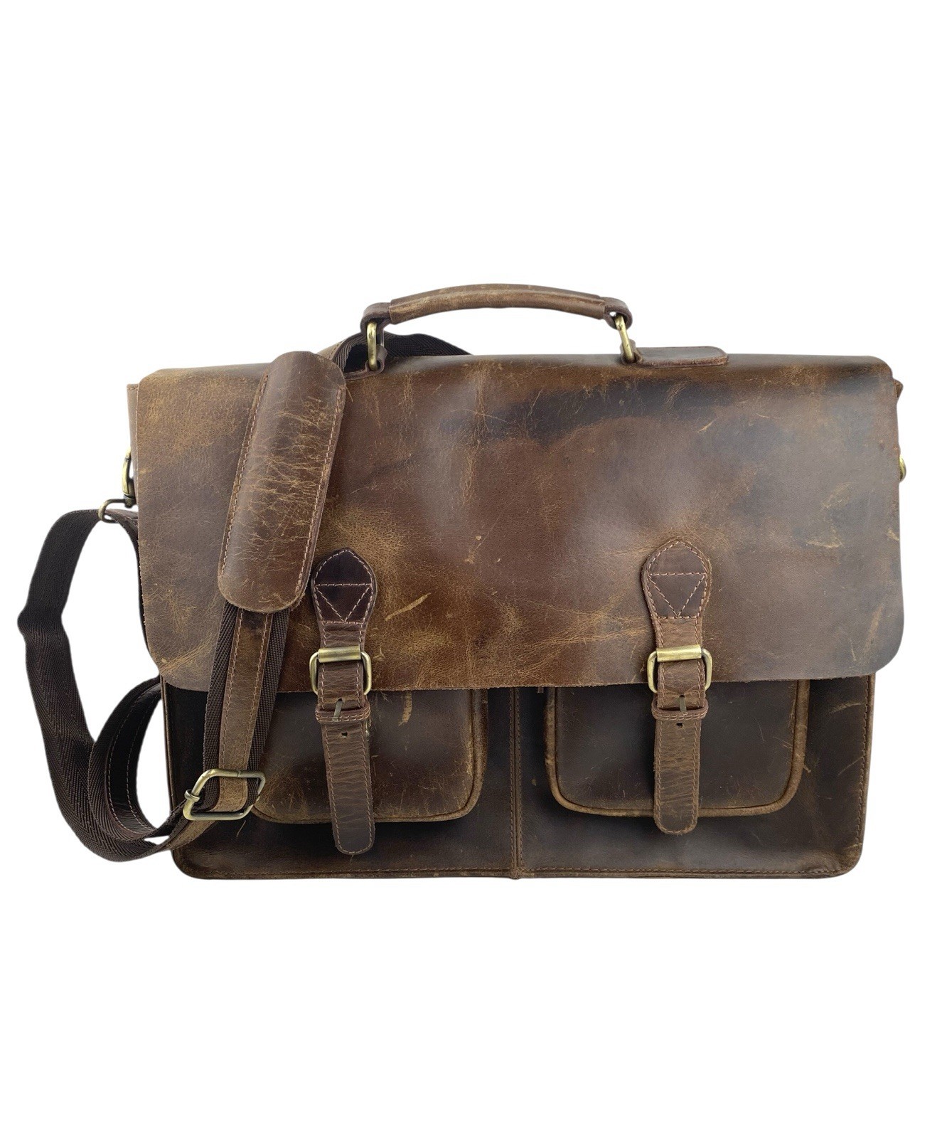 Distressed Buffalo Leather Briefcase Laptop Messenger Bag Satchel Brown Unisex