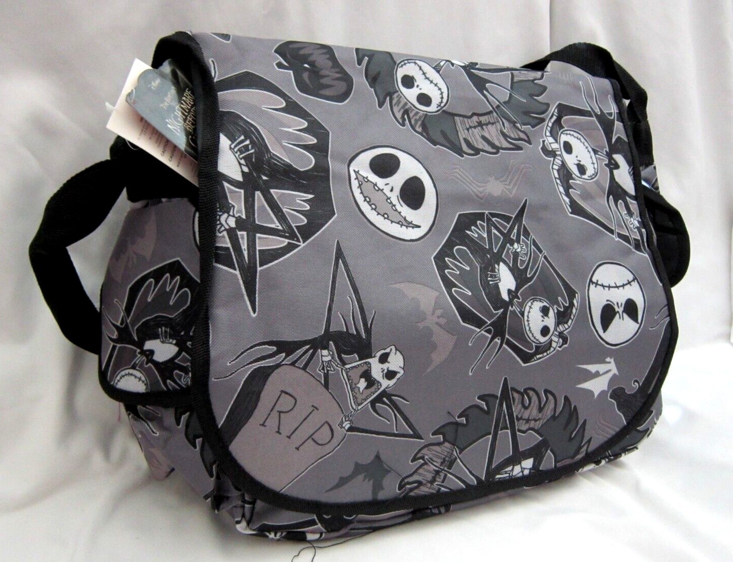 Jack Skellington Allover 16″ W x 10″ H x 5″ W Solid Gray Messenger Bag Purse-New