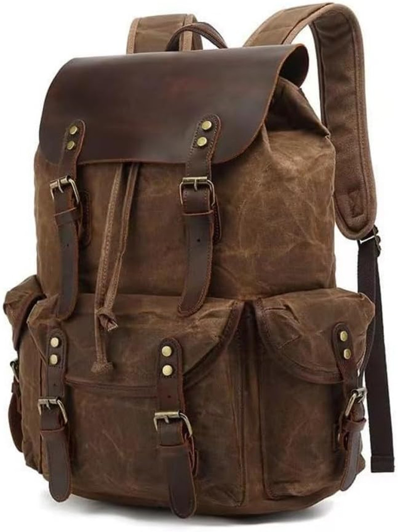 Genuine Leather Canvas Waxed Backpack Travel Rucksack Laptop Bag