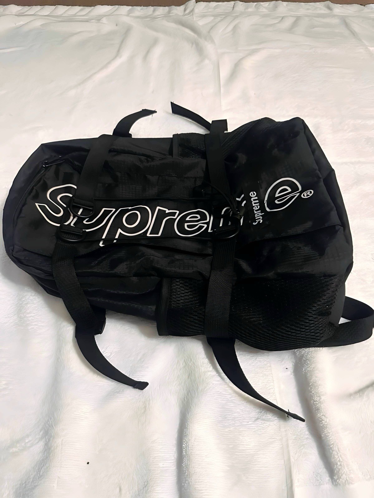 Supreme Black Backpack w/ Drawstring, Mesh Pockets, Adjustable Shoulder Straps