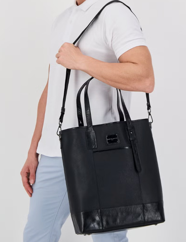 Karl Lagerfeld Paris Men’s Black Logo Crossbody Adjustable Leather Tote