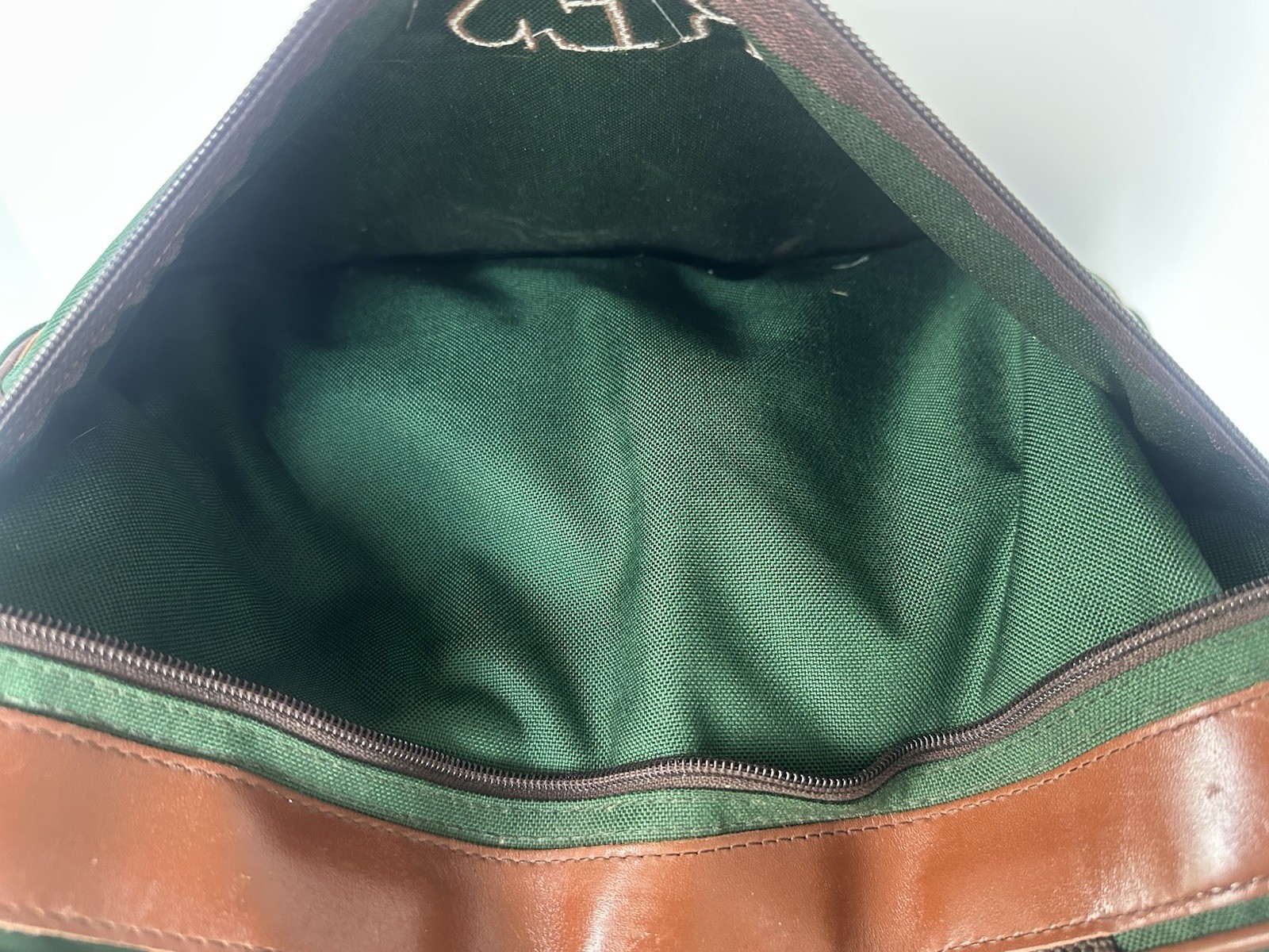 LL Bean Vintage Canvas/Leather Briefcase Laptop Bag Green Embroidered , No Strap