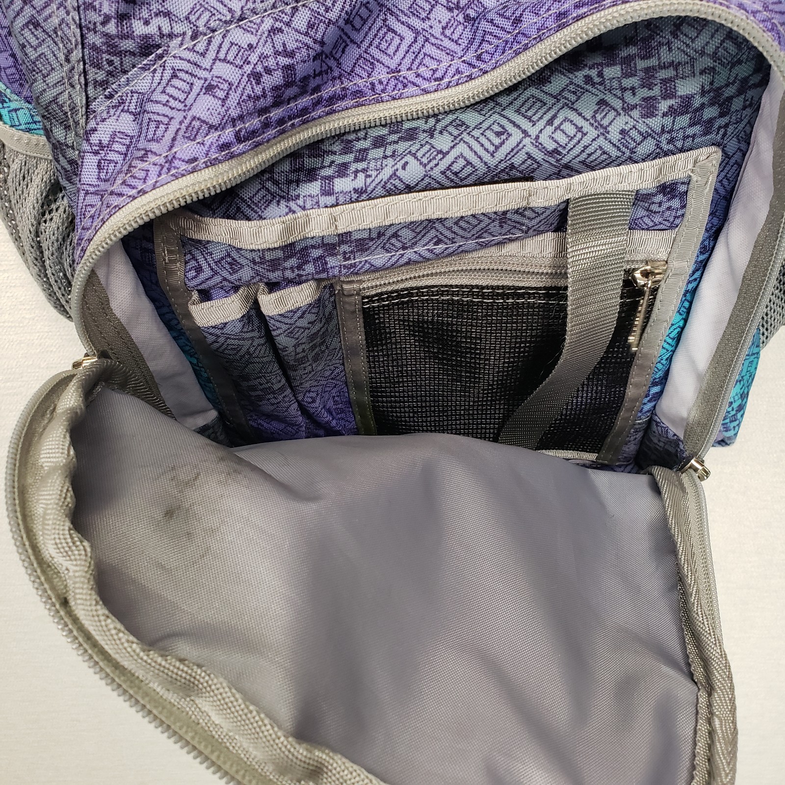 LL Bean Deluxe Book Pack Backpack Purple Blue Geometric Tribal Print School Bag