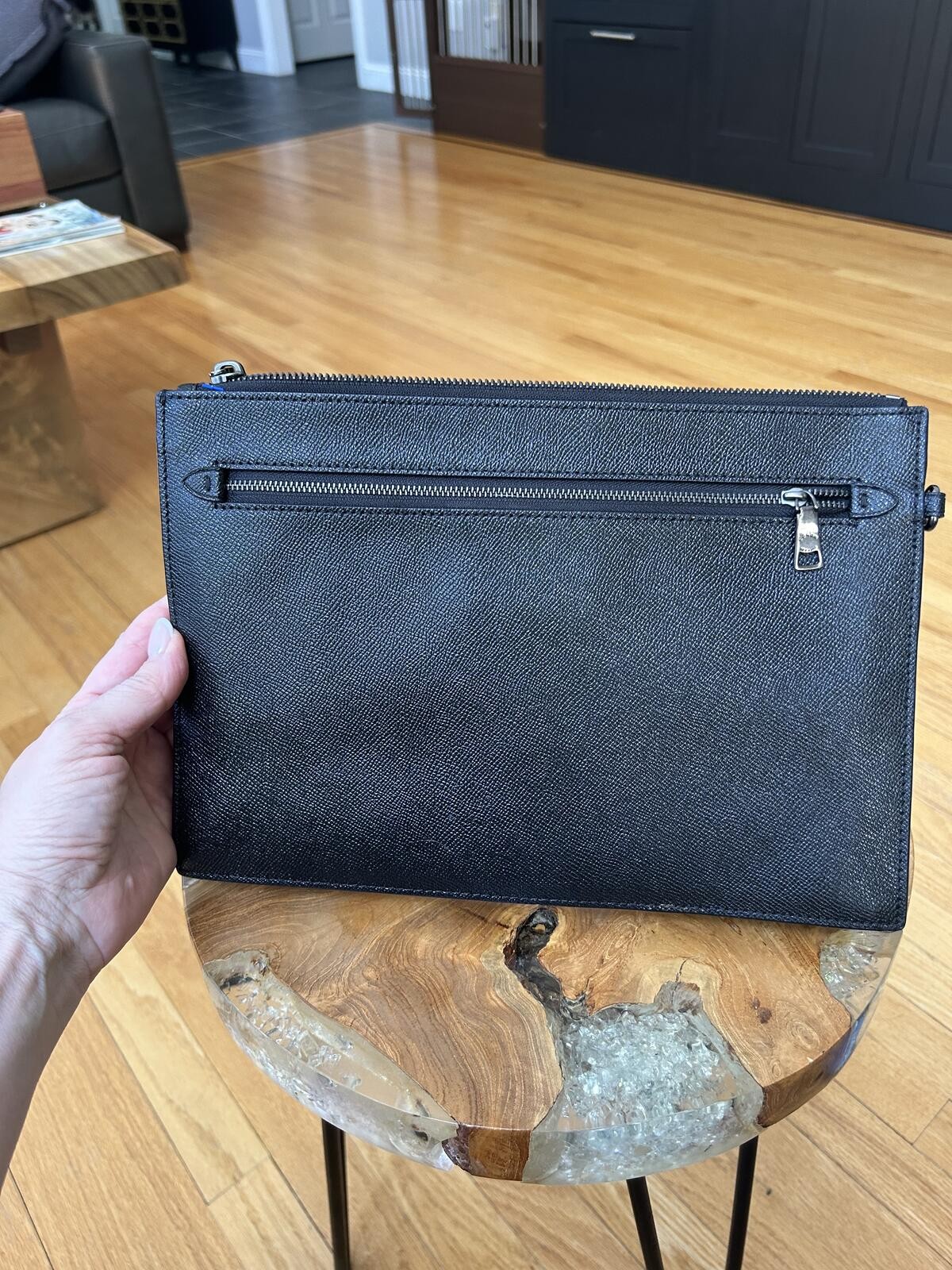 COACH Leather Second Bag Black Solid Color f68154 Ipad Men Women Clutch Work