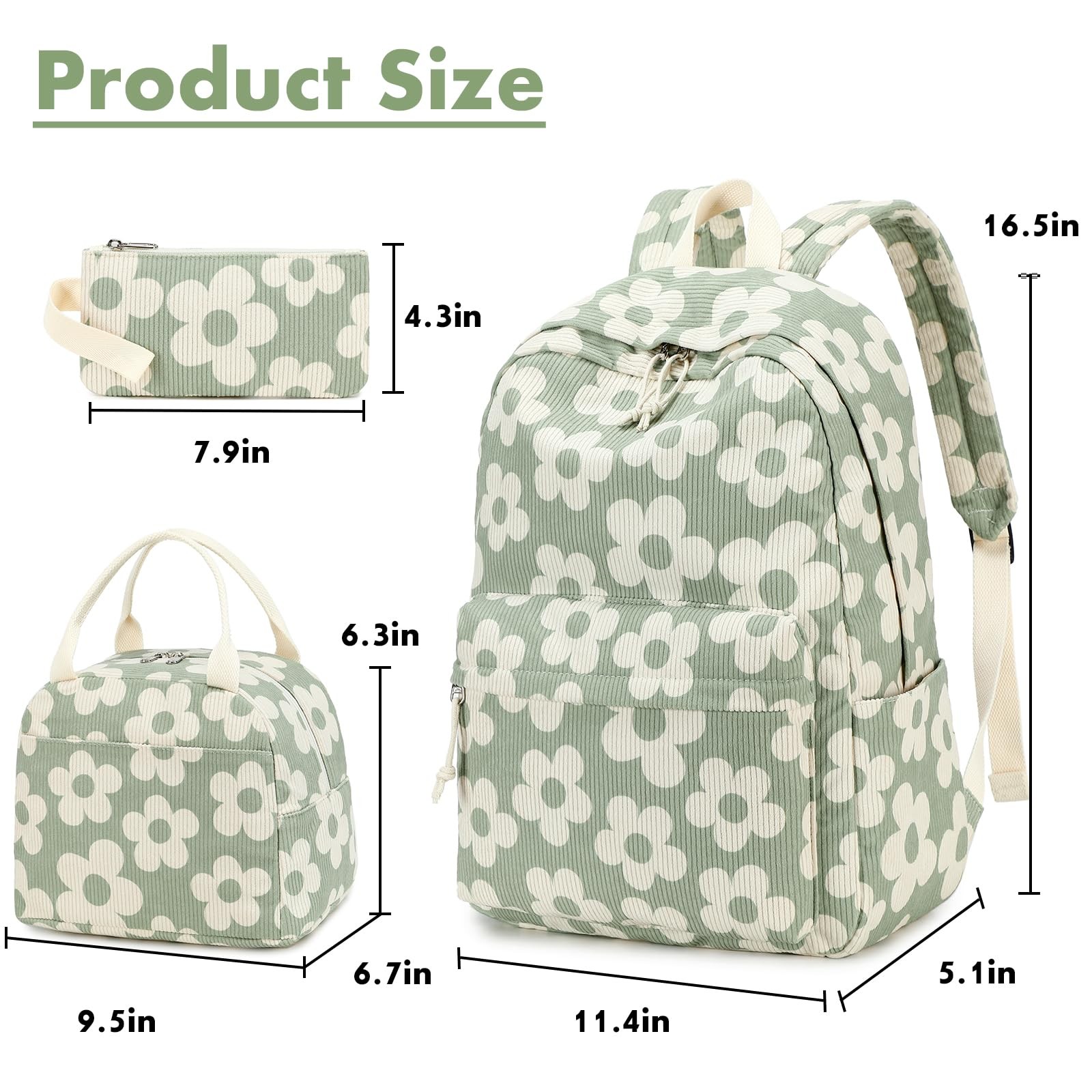 Bluboon School Backpack Set Girls Womens Beige Floral / Green-gray Base