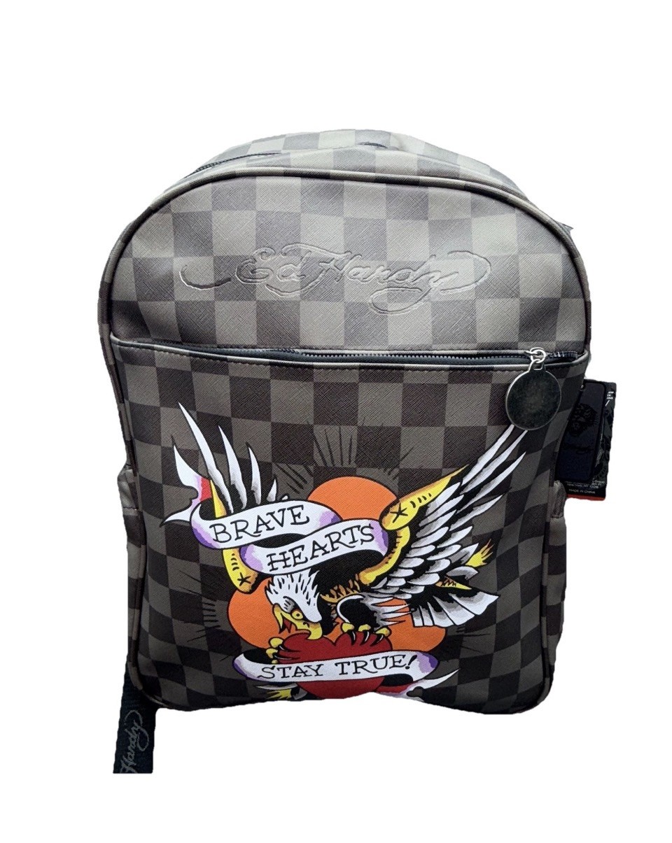 Ed Hardy Men’s Large Backpack Black/Gray Checkered Eagle Tattoo Zip Strap