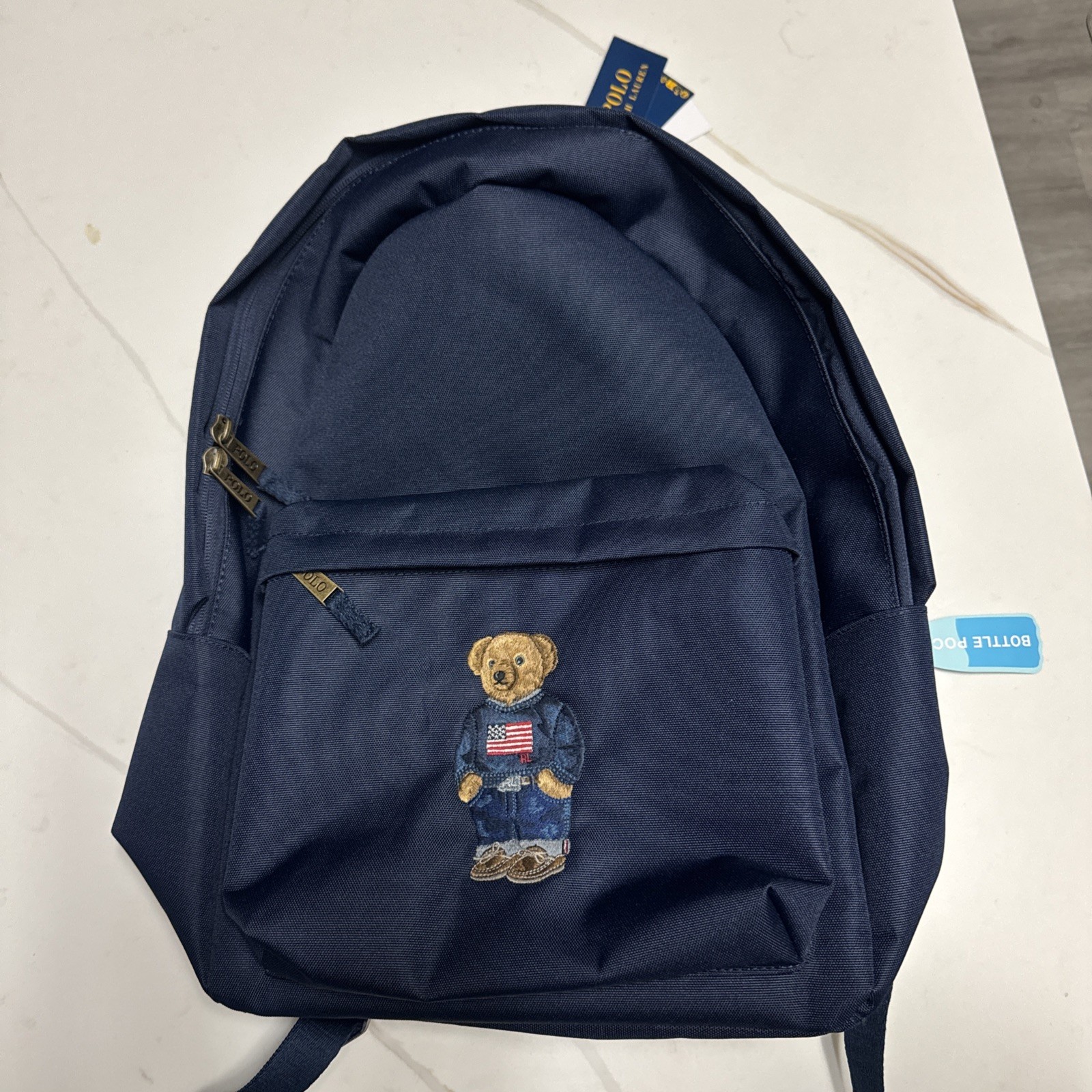 Polo Ralph Lauren Backpack Full Size Laptop Unisex Navy Blue Bear School Bag