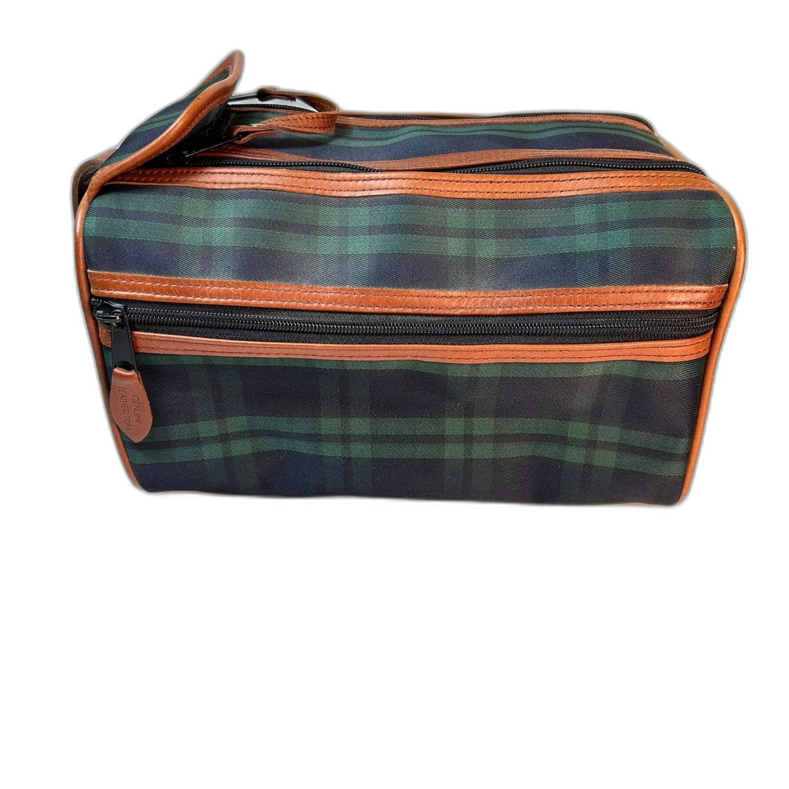 Men’s NWOT Blackwatch Plaid Brown Genuine Leather Trim Travel Toiletry Bag
