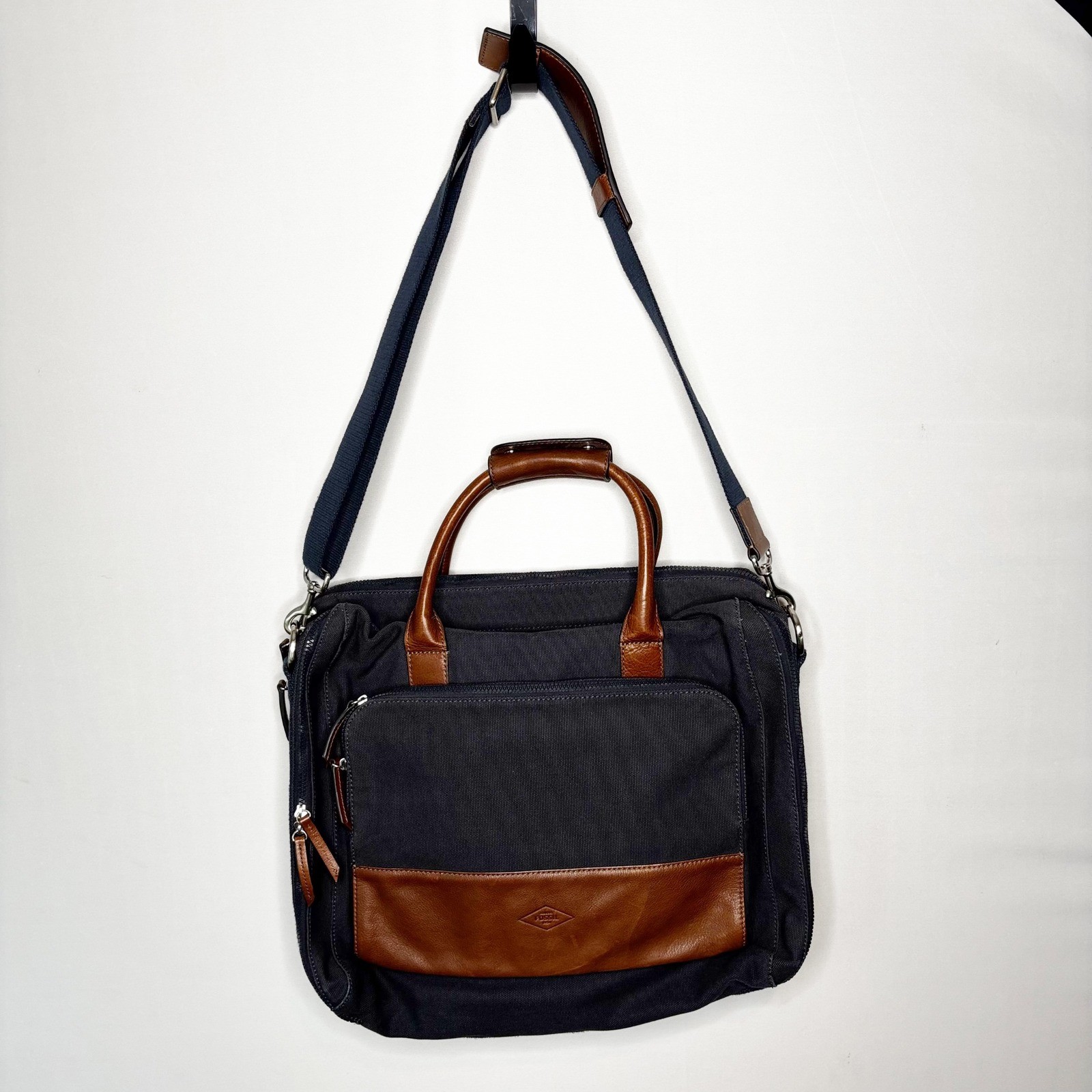 Fossil Estate Canvas Leather Messenger Computer Travel Bag Briefcase Gray Canvas