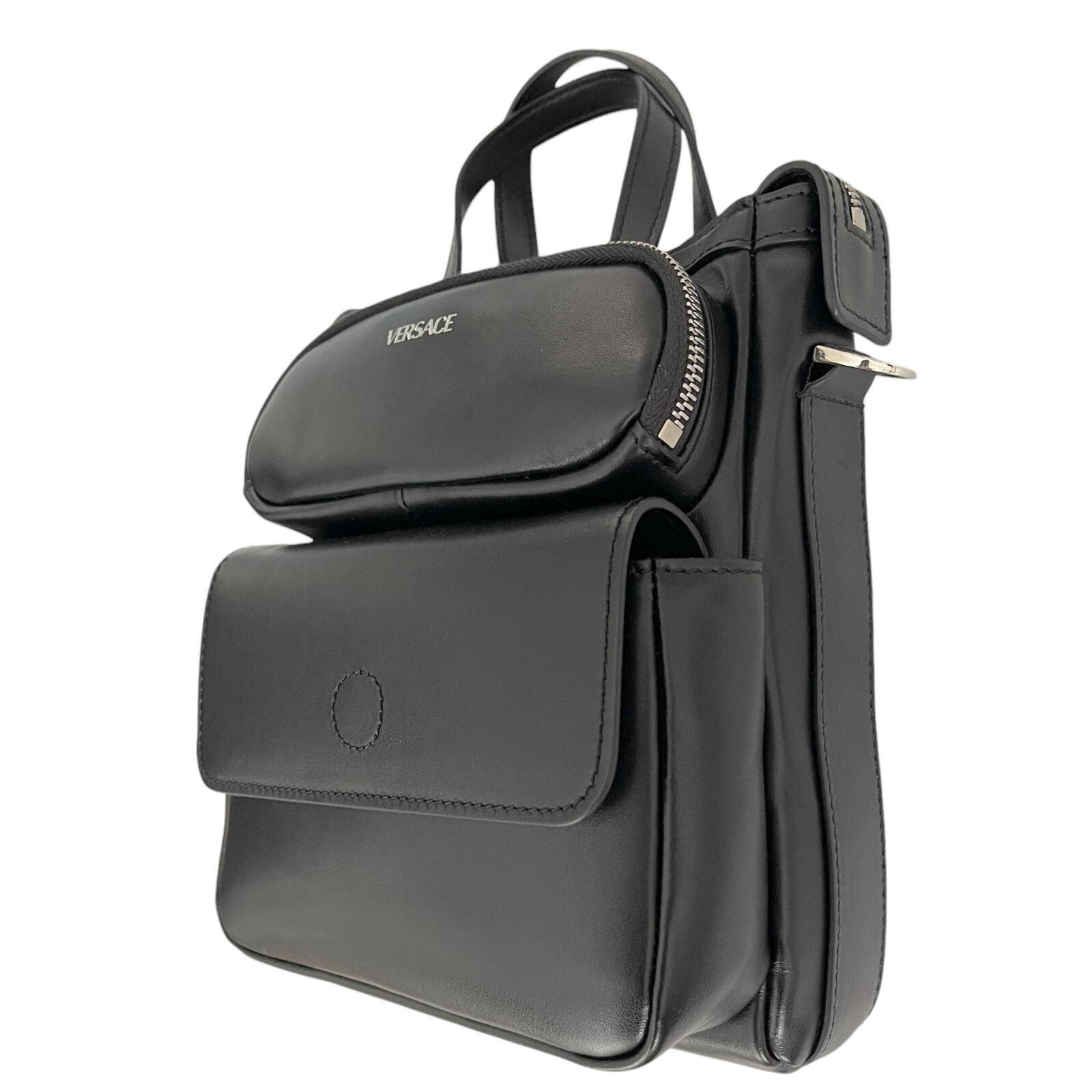 Versace Black Men’s Leather multi-compartment messenger shoulder bag 1012234