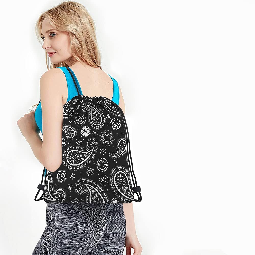 Paisley Pattern Drawstring Bag Black White Floral Ethnic Art Sport Gym Sack