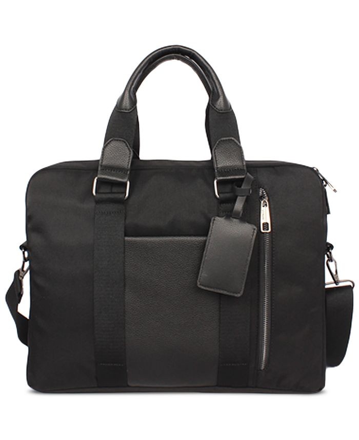 Alfani Mens Faux Trim Organizational Messenger Briefcase Black 16W x 12″H x 2″D