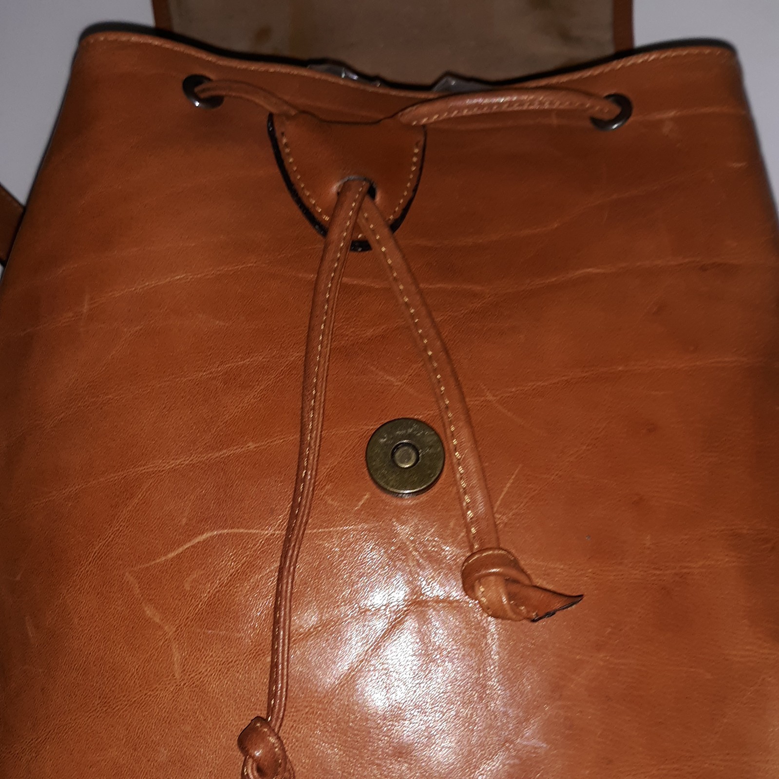 Vtg OROTON Australian Katoomba Backpack Leather Bag Cognac Drawstring Adj Straps