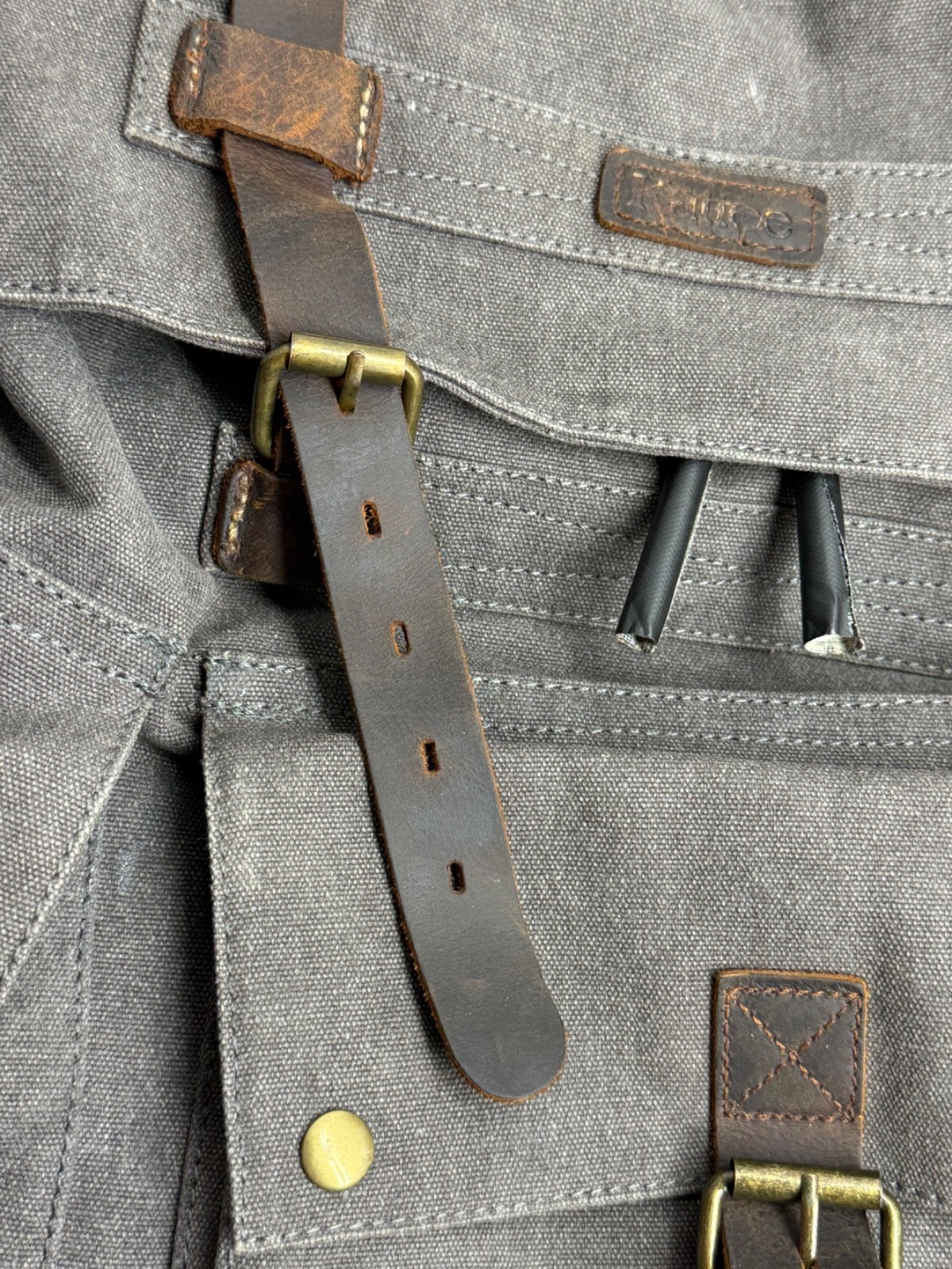 KATTEE Leather Backpack Canvas Travel Bag Rucksack Gray Brown Pockets Buckles