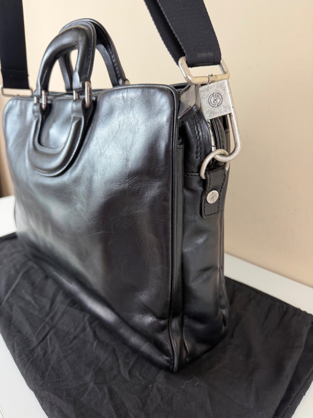 Giorgio Armani Black Leather Briefcase/Business Bag with Shoulder Strap
