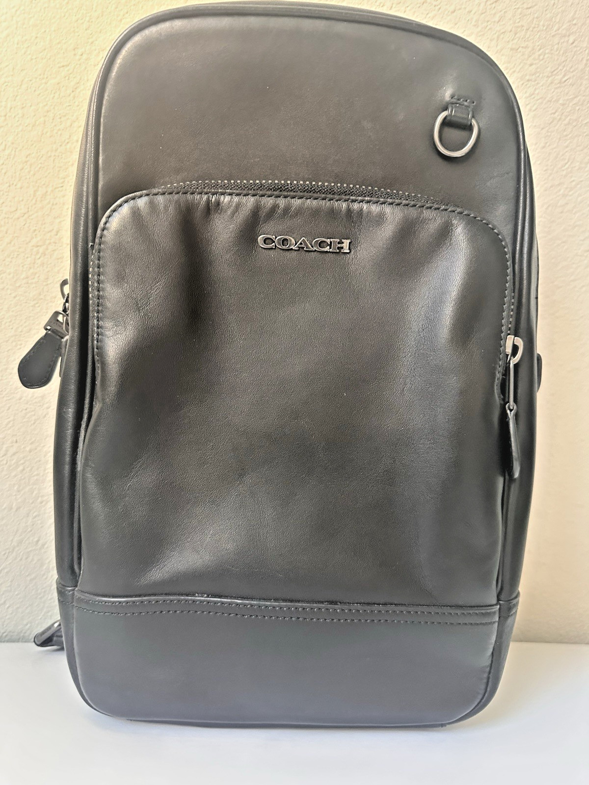 AUTH Coach #C2931 Graham Black Leather Gunmetal Men’s Unisex Sling Bag Crossbody
