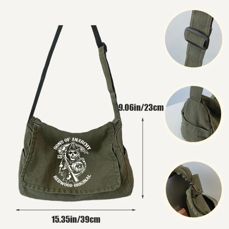 Men’s Canvas Crossbody Shoulder Bag Skull Print Army Green Laptop Messenger Bag
