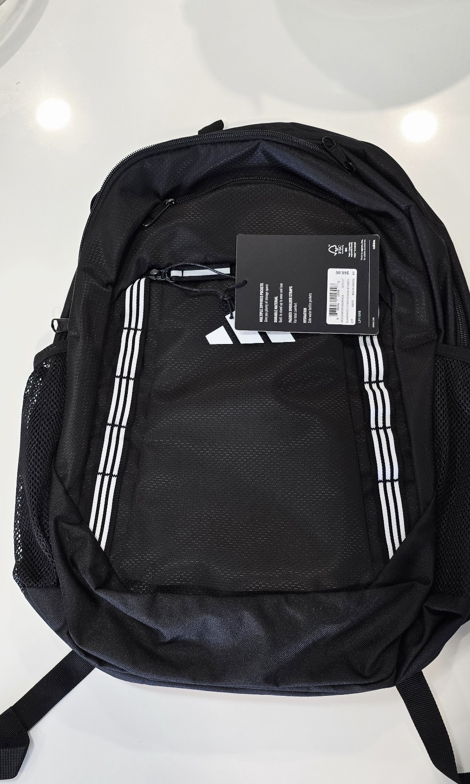 adidas Black/White Backpack Zip Padded Inner/Outer Pockets Bottle Pocket