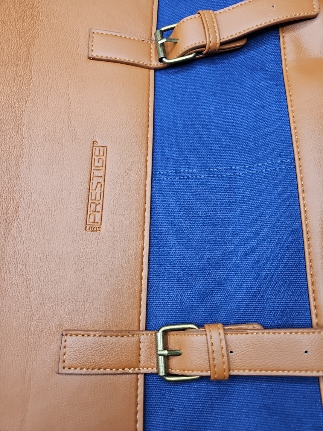 NWT Prestige Leather/Canvas Messenger Bag Men’s Shoulder Strap New Blue/Tan