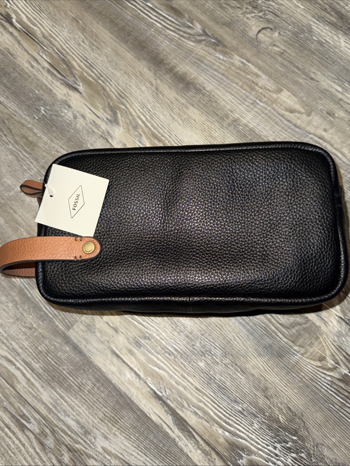 Fossil Black Genuine Leather Zip Around Shave Kit Toiletry Bag Dopp Travel