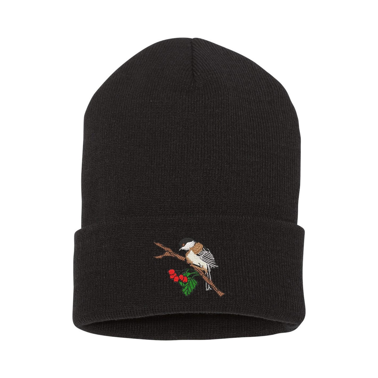 Wildlife Chickadee bird embroidered beanie hat, custom embroidered beanie