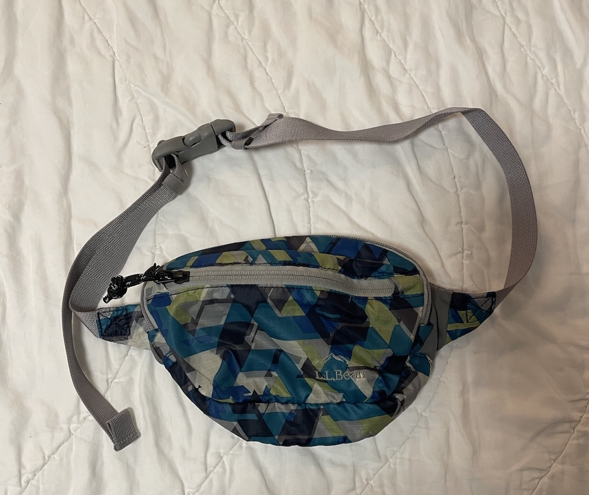 Vintage LL Bean Fanny Pack Belt Bag Blue/Green/Gray Geometric Cinch Straps EUC